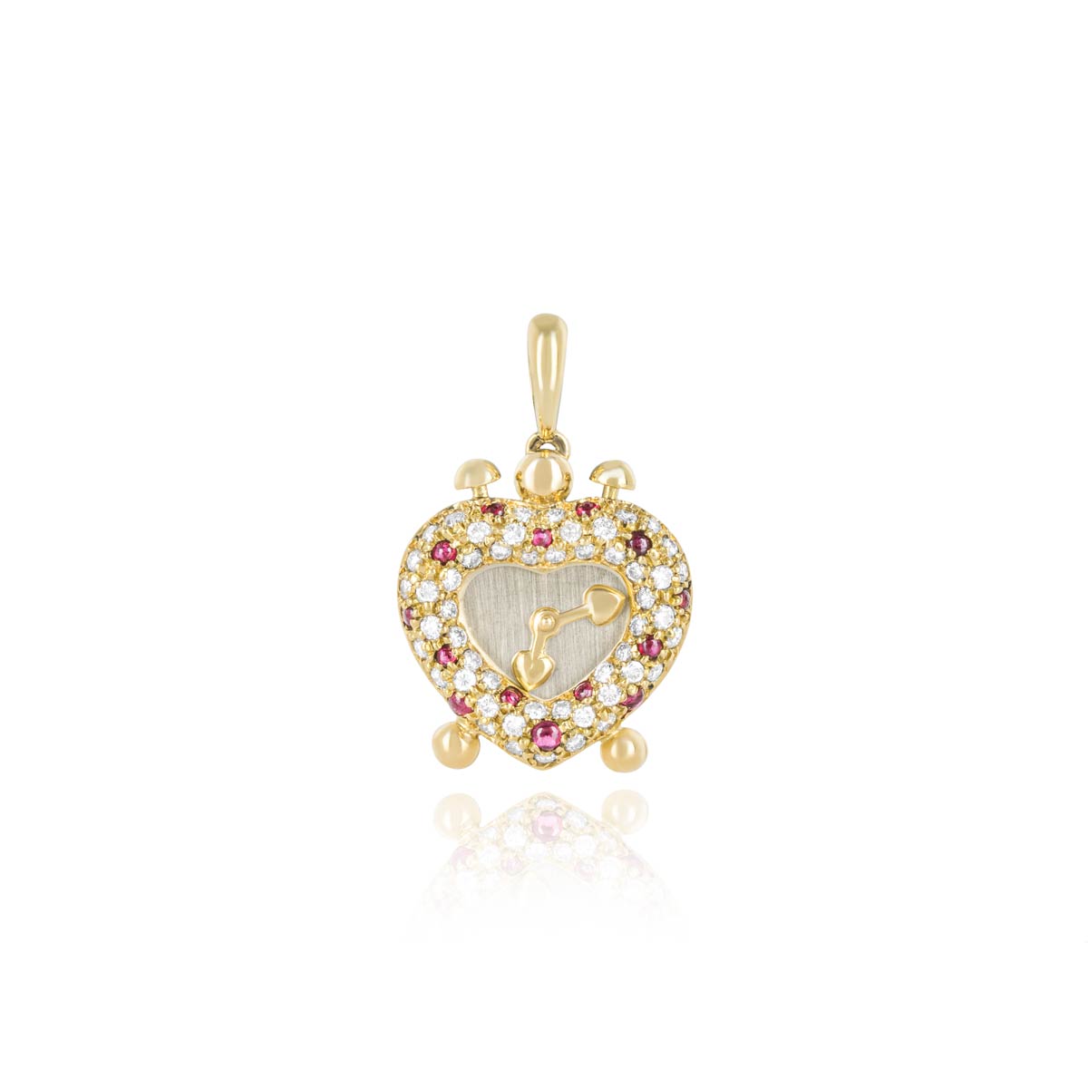 Yellow Gold Ruby & Diamond Heart Clock Pendant | Rich Diamonds